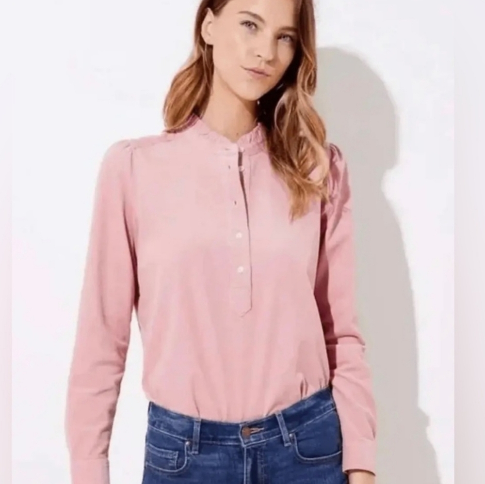 NWT Woman's LOFT Pink Corduroy Ruffle Collar Blouse Long Sleeve Shirt